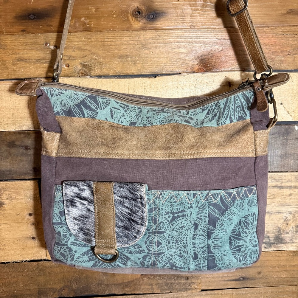 Myra Bag Leather‎ & Canvas Cow Hide Western Shoulder Bag Crossbody Purse